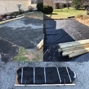 Building a new patio: Wooden framework and black tarp visible