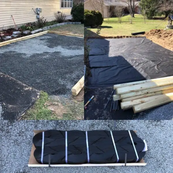 Building a new patio: Wooden framework and black tarp visible