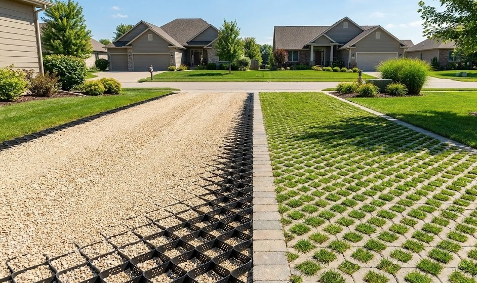 Permeable Driveway Options — Your Complete Guide to Eco-Friendly Surfaces 1 Two permeable driveway types showing perforated geocell gravel and grass paver systems