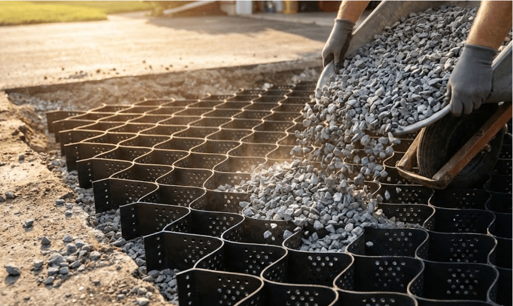 Permeable Driveway Options — Your Complete Guide to Eco-Friendly Surfaces 2 Expanded perforated BaseCore geocell panels being filled with crushed gravel for driveway