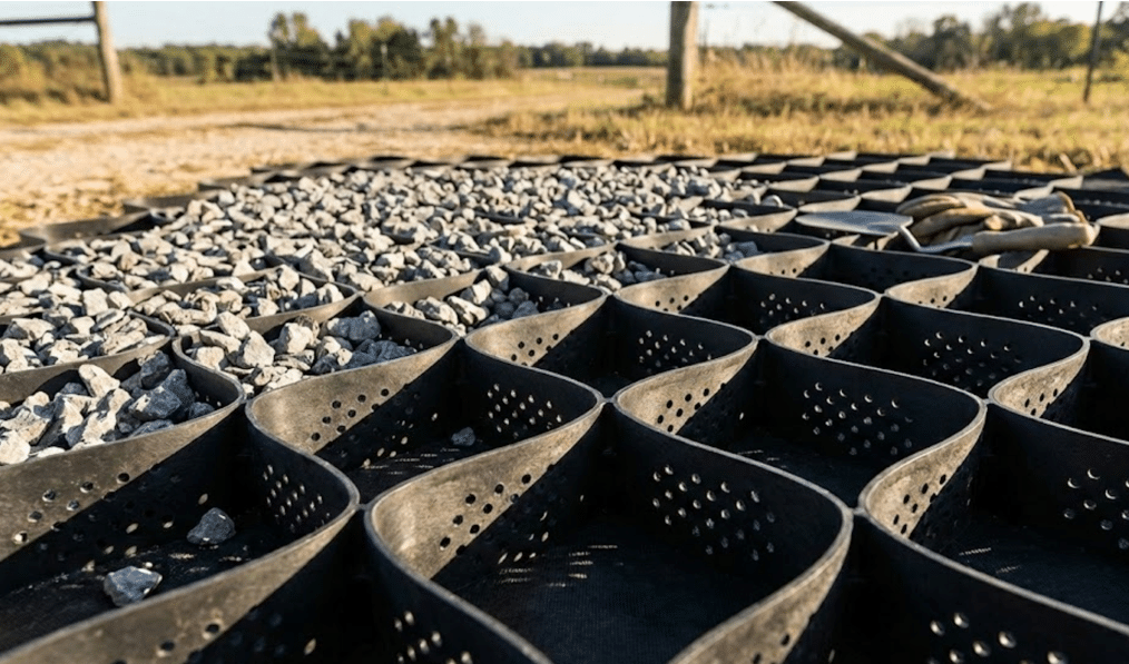 BaseCore geocell grid filled with angular gravel showing honeycomb structure for driveway stabilization