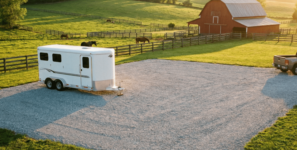 Horse trailer parked on a BaseCore HD geocell gravel parking pad with stable rut-free surface on an equestrian farm