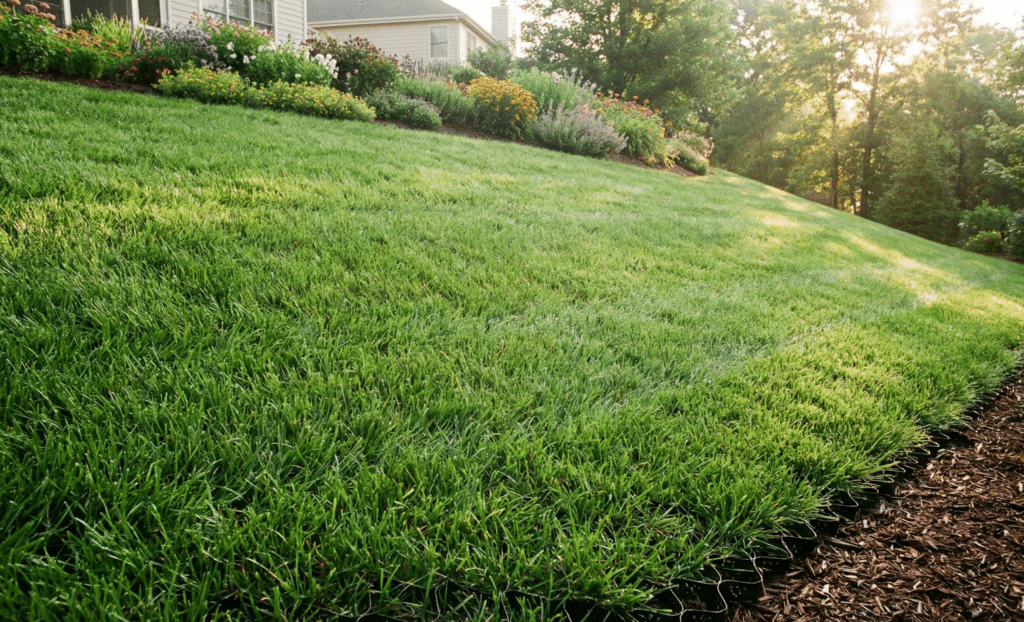 Green vegetated hillside stabilized with BaseCore HD geocell ground grid showing healthy grass and zero erosion