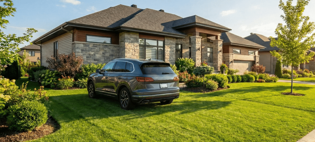 SUV parked on a green grass paver parking pad with no ruts showing healthy turf growing through grid pavers