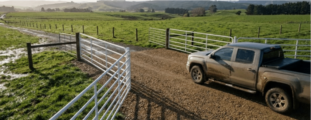 Clean gravel farm gate entrance stabilized with geocell ground grid showing truck driving through with no mud
