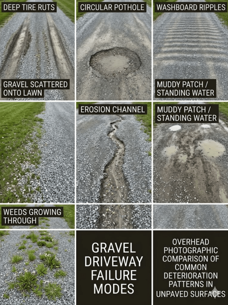 Reference grid of seven common gravel driveway problems: ruts, potholes, washboarding, migration, erosion, mud, weeds.